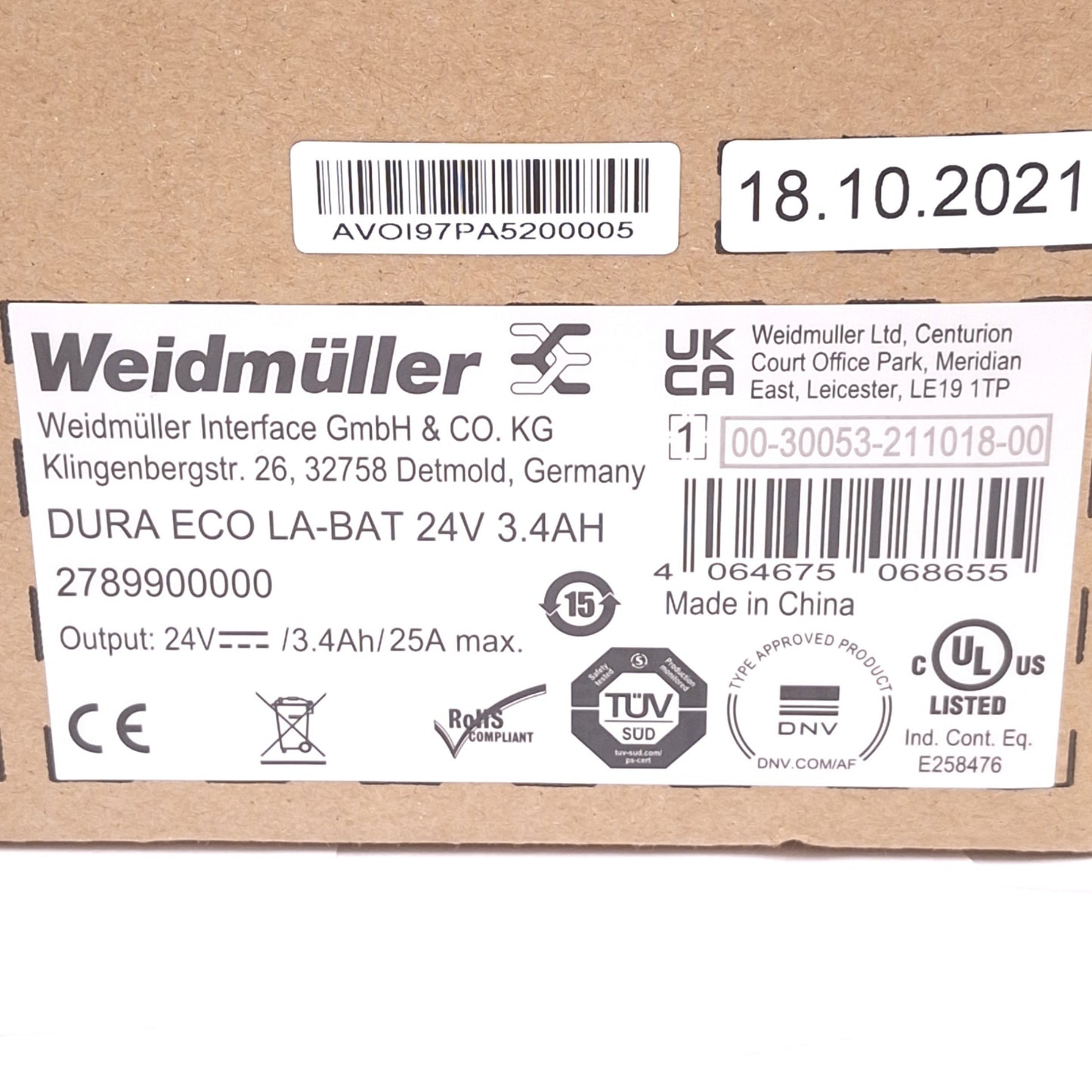 New Weidmuller DURA ECO LA-BAT 24V 3.4AH 2789900000 Battery Module, 24VDC 25A Out