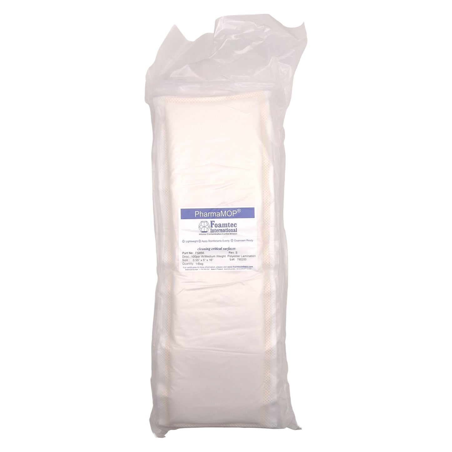 New Foamtec FS856 PharmaMOP Flat Mop Head, Polyester, 0.55in x 5in x 16in, 100/Case