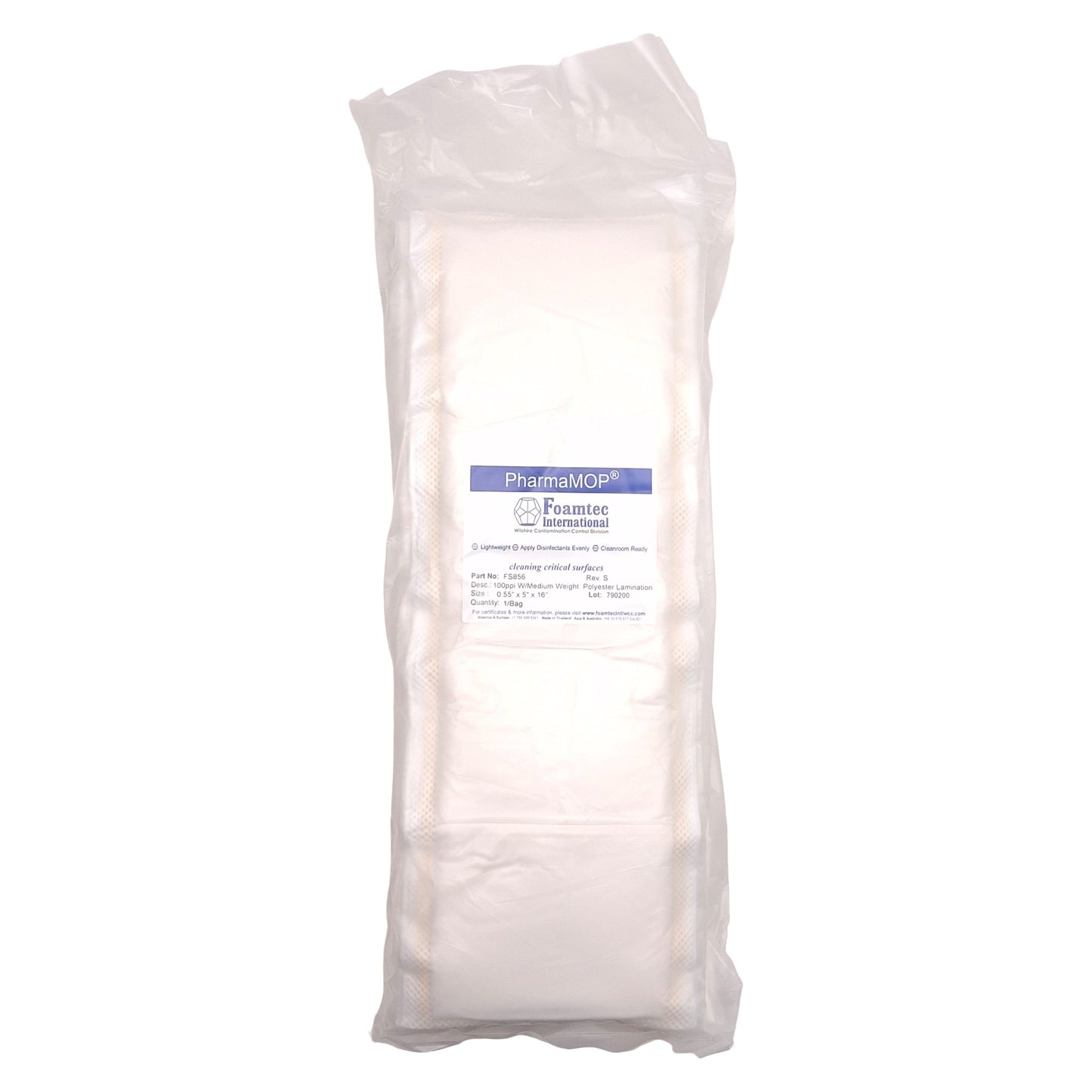 New Foamtec FS856 PharmaMOP Flat Mop Head, Polyester, 0.55in x 5in x 16in, 100/Case
