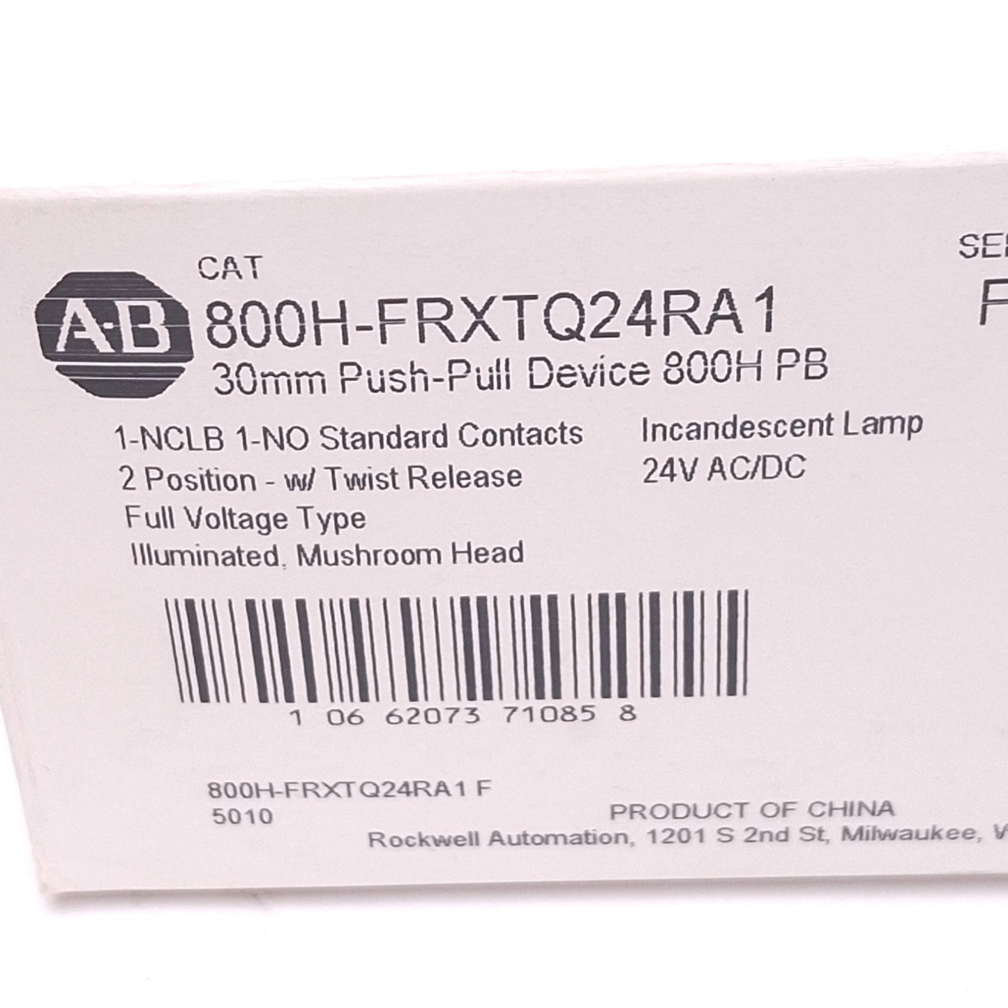 New Allen Bradley 800H-FRXTQ24RA1 Illuminated Push/Pull Button, 1NO 1NCLB, 24V Lamp