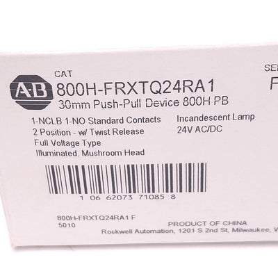 New Allen Bradley 800H-FRXTQ24RA1 Illuminated Push/Pull Button, 1NO 1NCLB, 24V Lamp