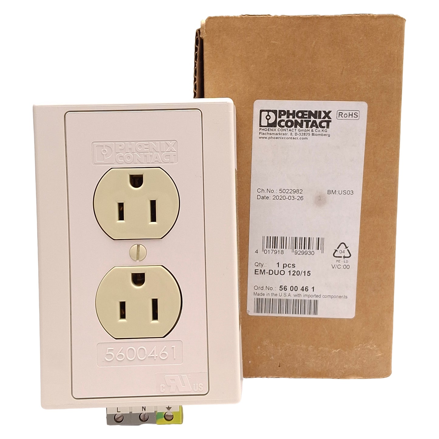 New Phoenix Contact 5600461 EM-DUO 120/15 Electrical Socket, 125VAC 15A, NEMA 5-15R