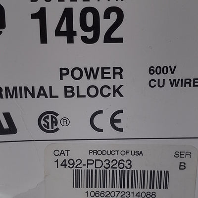 New Allen Bradley 1492-PD3263 Power Distribution Block, 3-Pole 350A 600VAC, Aluminum