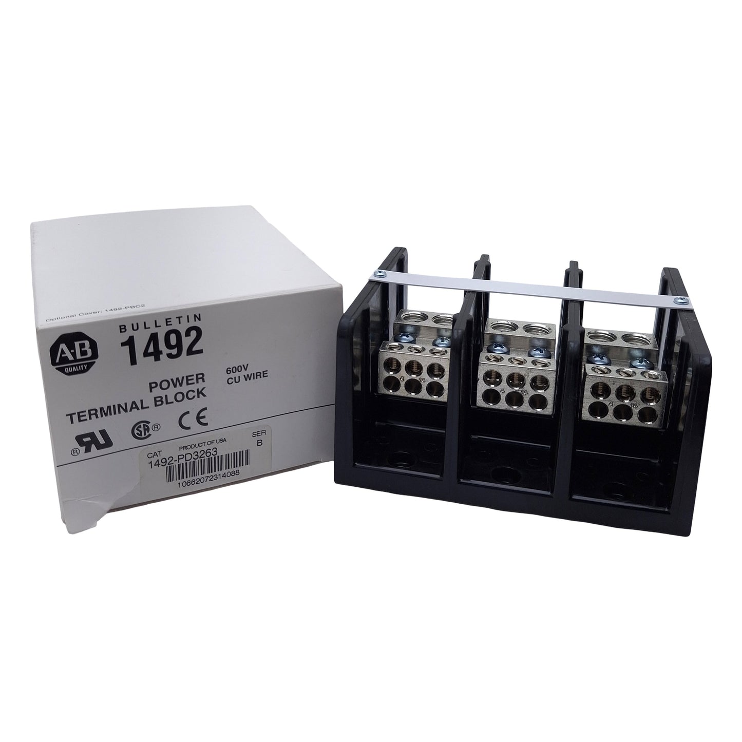 New Allen Bradley 1492-PD3263 Power Distribution Block, 3-Pole 350A 600VAC, Aluminum