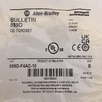 New Allen Bradley 889D-F4AC-10 DC Micro QD Cordset, 4A 250V, M12 4-Pin Female, 10m