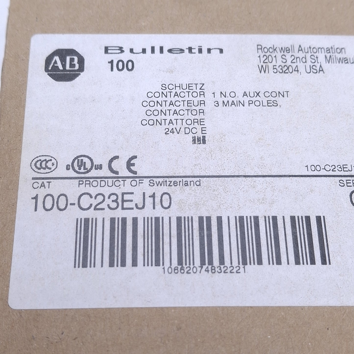 New Allen Bradley 100-C23EJ10 Contactor, 3-Pole + 1N.O., 30A 600VAC, 24VDC Coil
