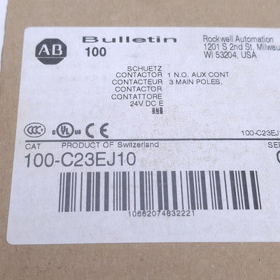 New Allen Bradley 100-C23EJ10 Contactor, 3-Pole + 1N.O., 30A 600VAC, 24VDC Coil