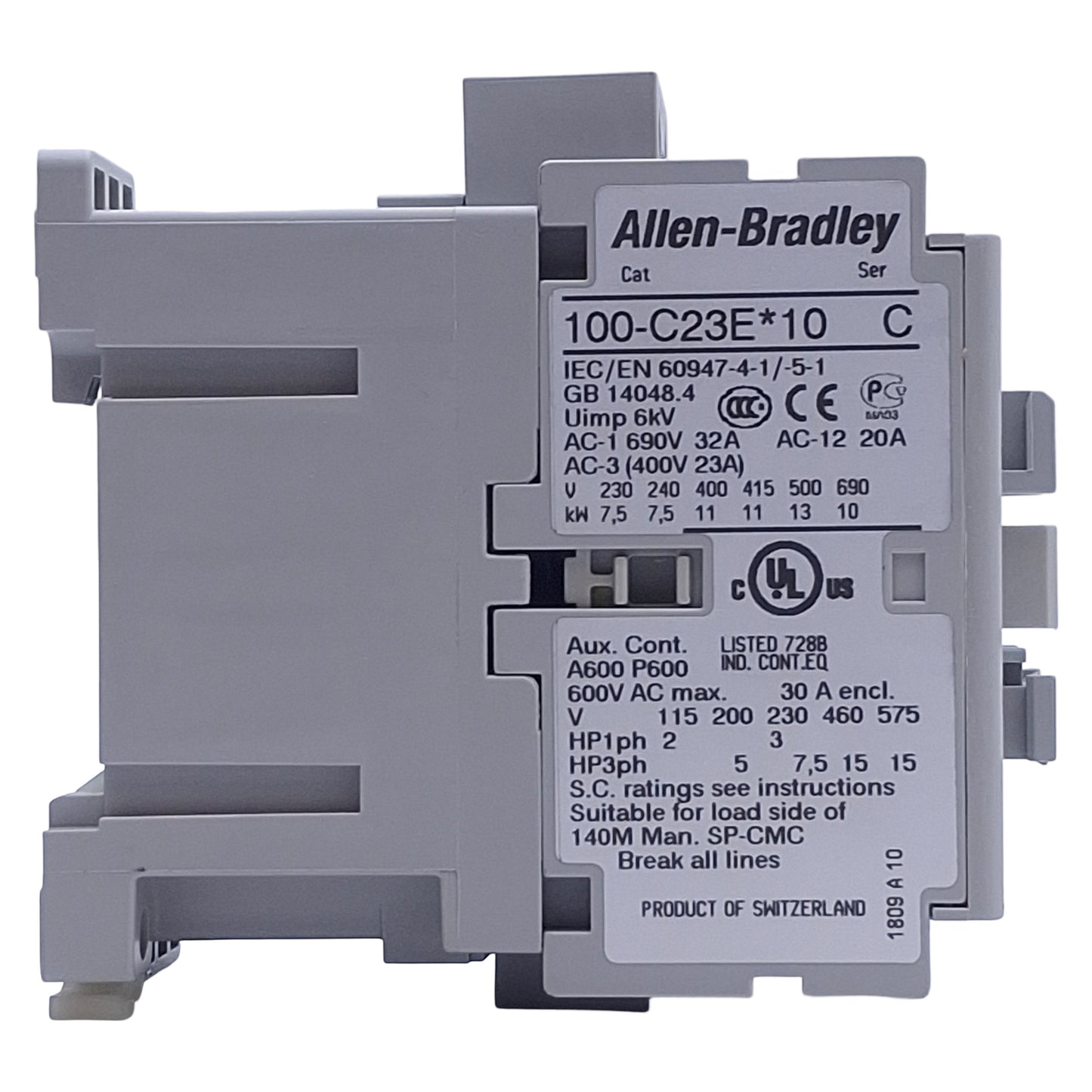 New Allen Bradley 100-C23EJ10 Contactor, 3-Pole + 1N.O., 30A 600VAC, 24VDC Coil