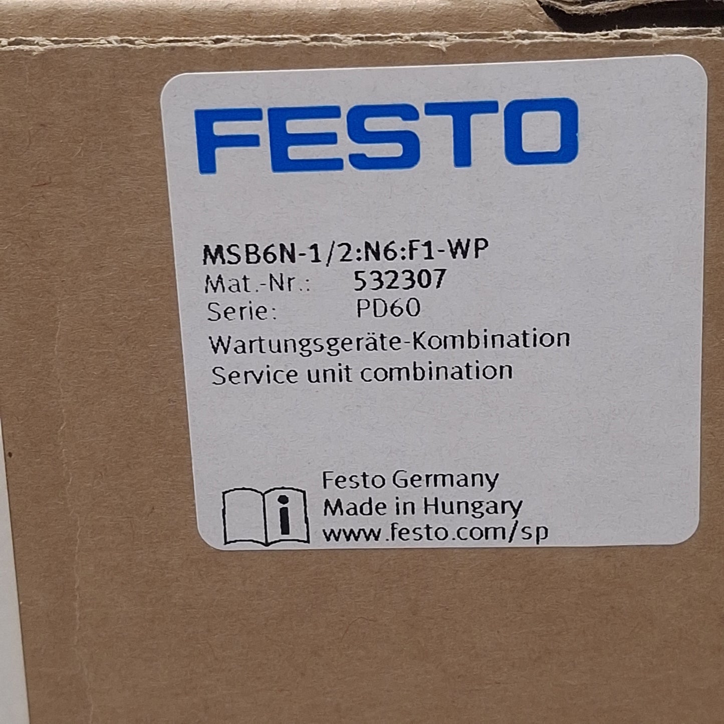 New Festo 532307 MSB6N Air Preparation Combination Unit, 20bar, 24VDC, 1/2in NPT