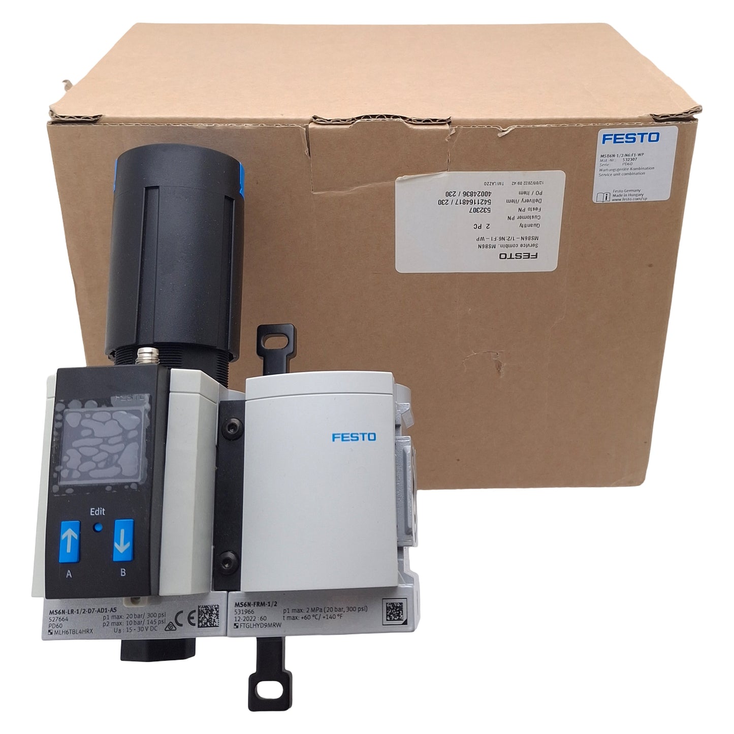 New Festo 532307 MSB6N Air Preparation Combination Unit, 20bar, 24VDC, 1/2in NPT