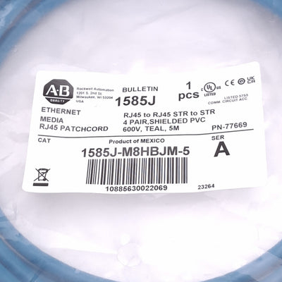 New Allen Bradley 1585J-M8HBJM-5 Ethernet Cable, Cat5e RJ45, 5m Length, 600V Max