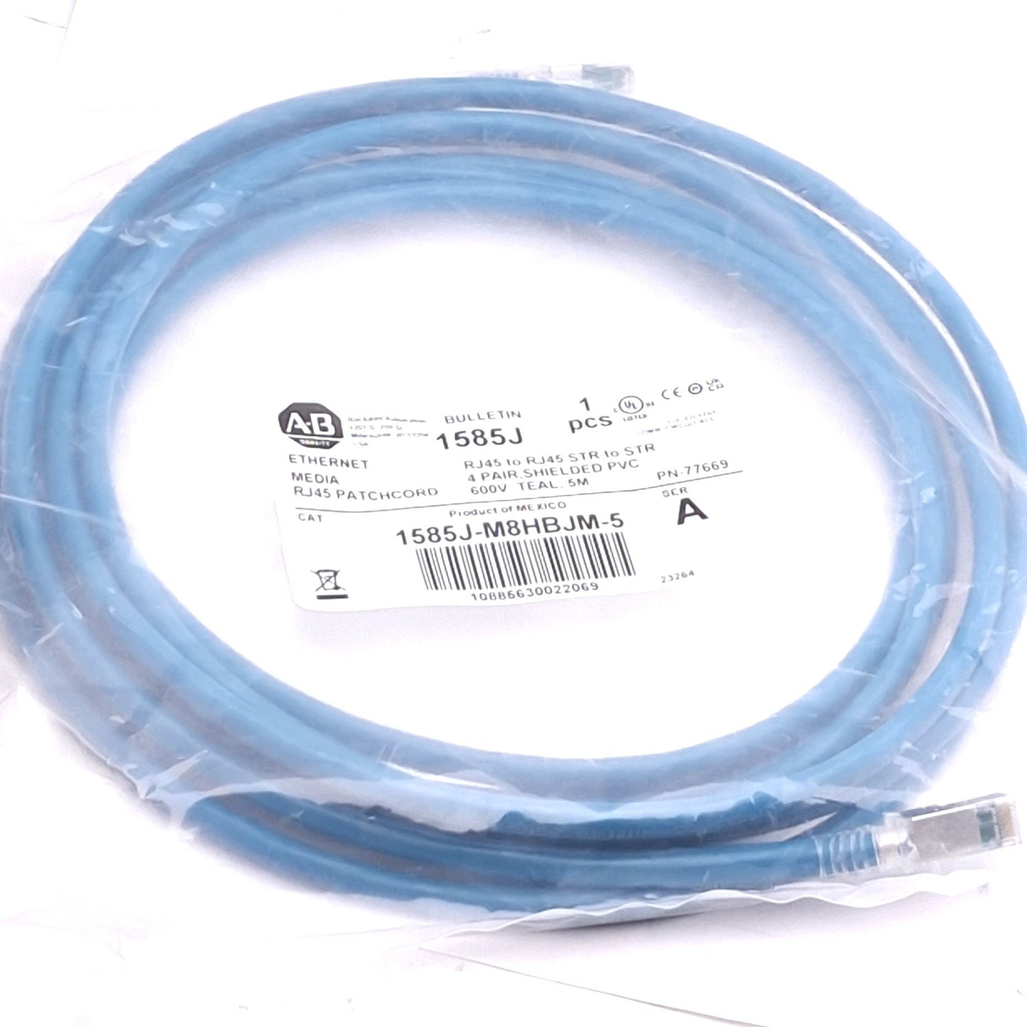 New Allen Bradley 1585J-M8HBJM-5 Ethernet Cable, Cat5e RJ45, 5m Length, 600V Max