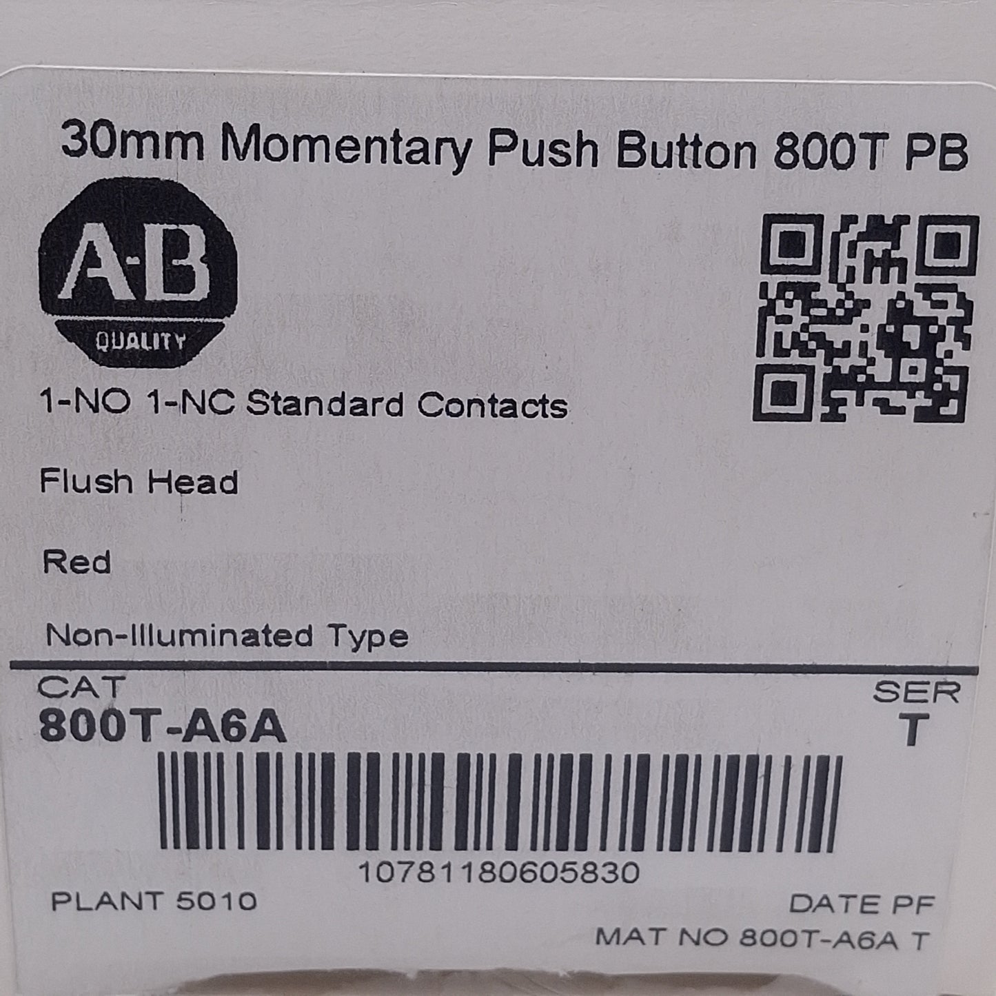 New Allen Bradley 800T-A6A Flush Momentary Pushbutton, ø30mm, 1NO 1NC, 600VAC 10A