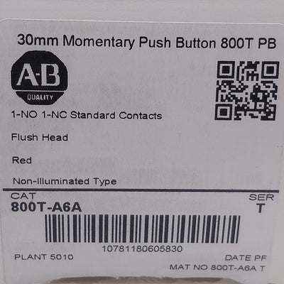 New Allen Bradley 800T-A6A Flush Momentary Pushbutton, ø30mm, 1NO 1NC, 600VAC 10A