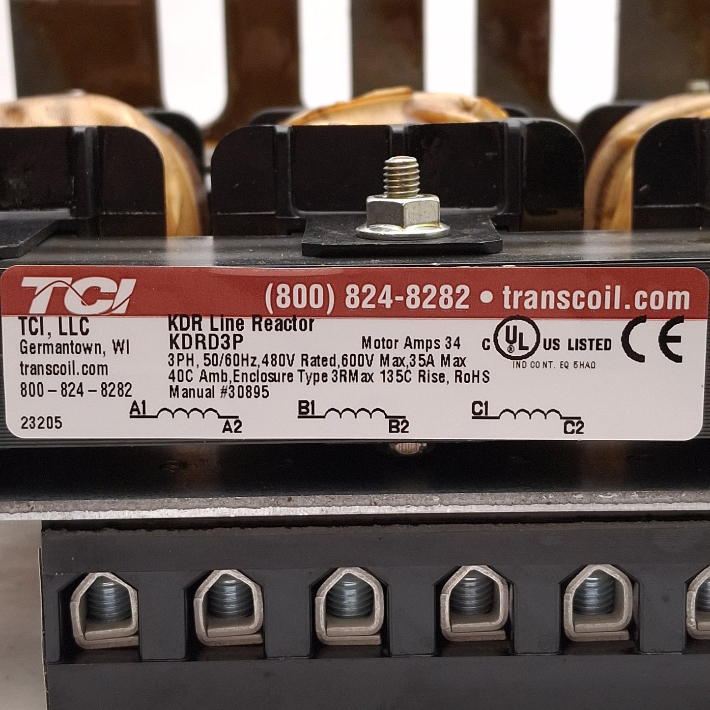 New TCI KDRD3P KDR Output Line Reactor, Open, 3PH 480VAC 35A 25HP, 135°C Rise