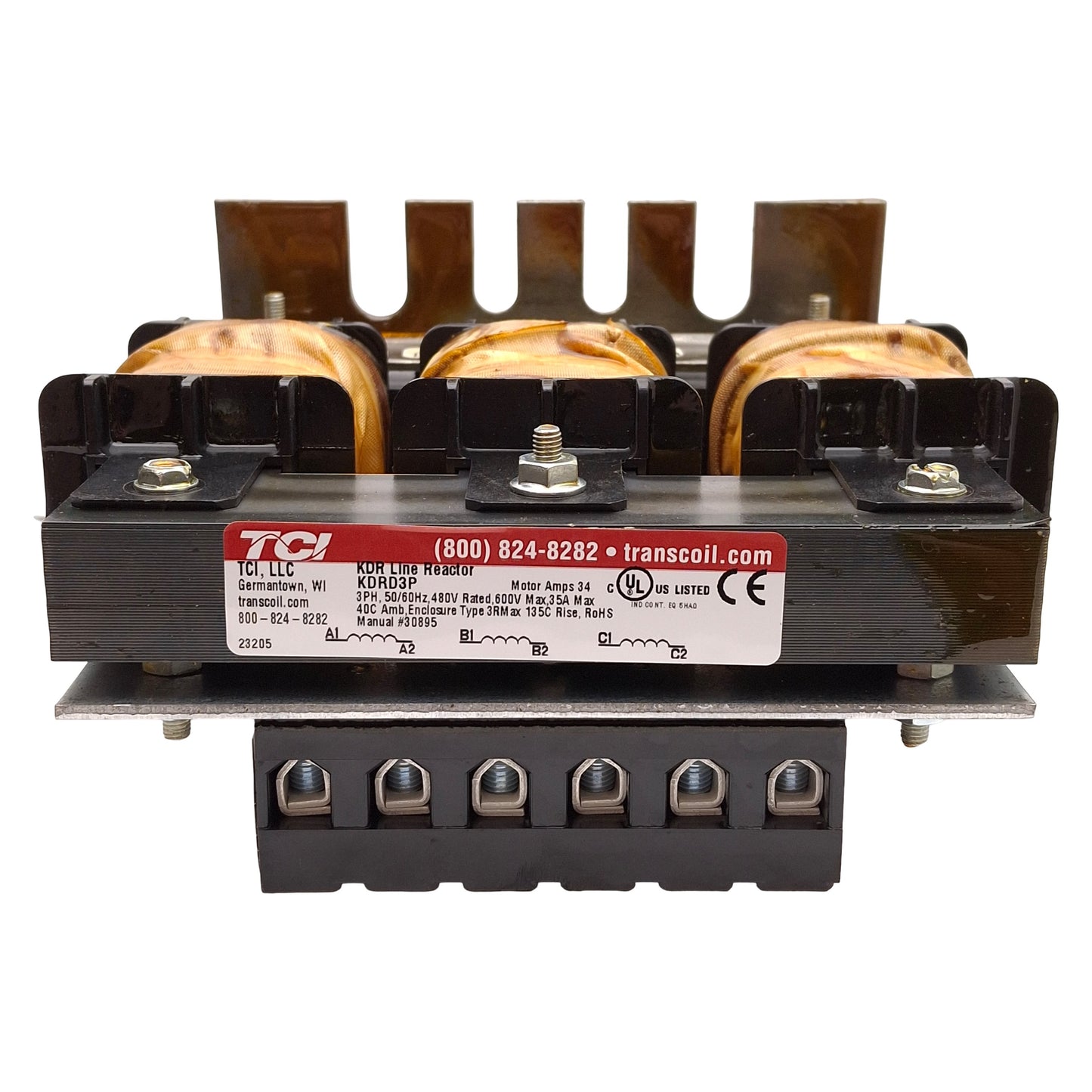 New TCI KDRD3P KDR Output Line Reactor, Open, 3PH 480VAC 35A 25HP, 135°C Rise