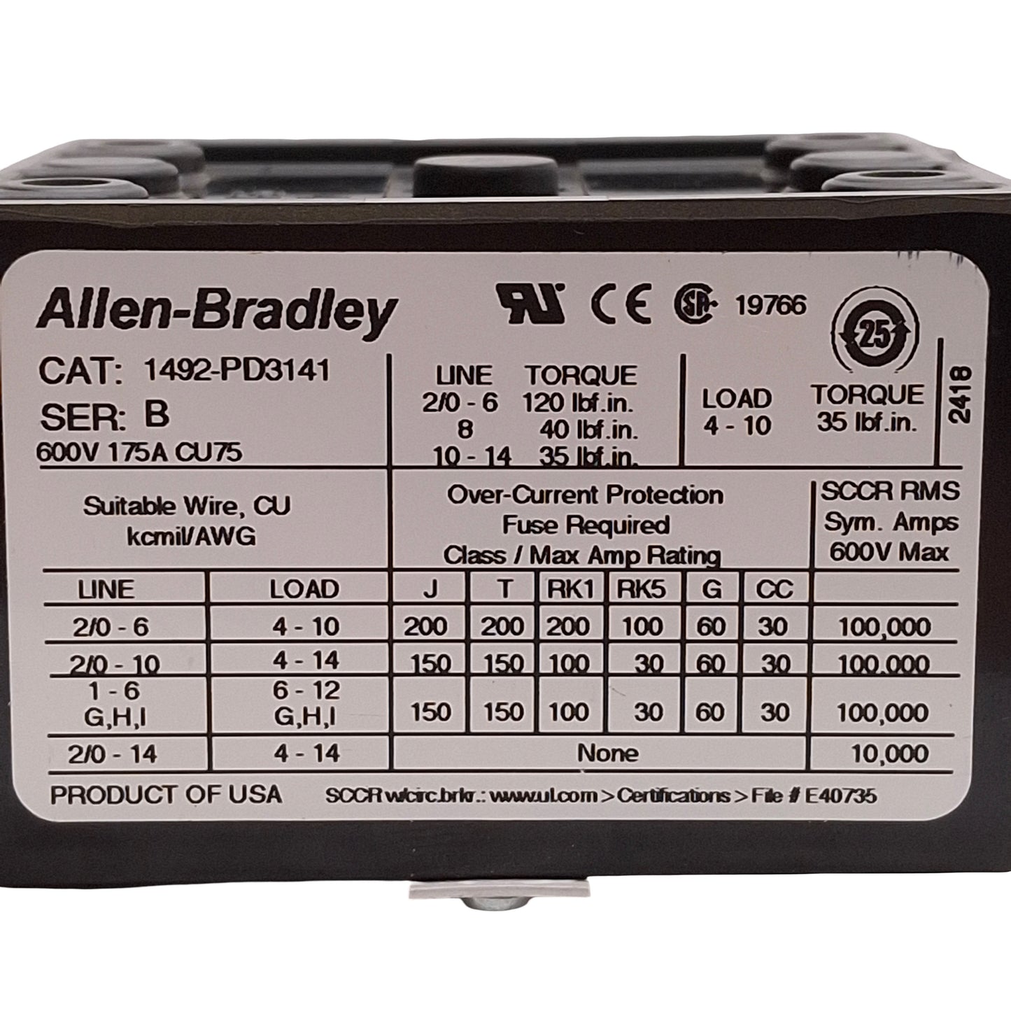 Used Allen Bradley 1492-PD3141 Power Distribution Block, 3-Pole, 600VAC/DC 175A
