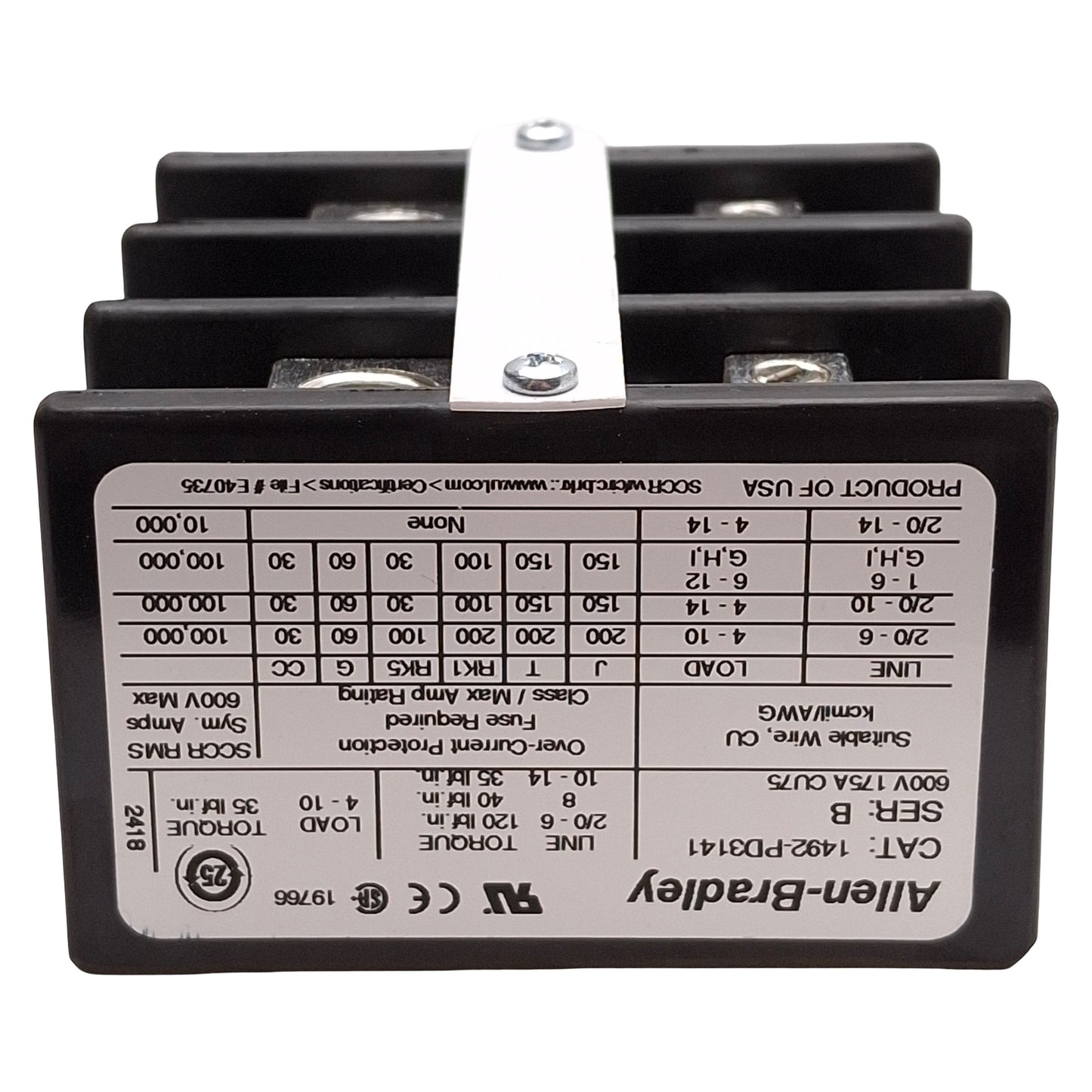 Used Allen Bradley 1492-PD3141 Power Distribution Block, 3-Pole, 600VAC/DC 175A