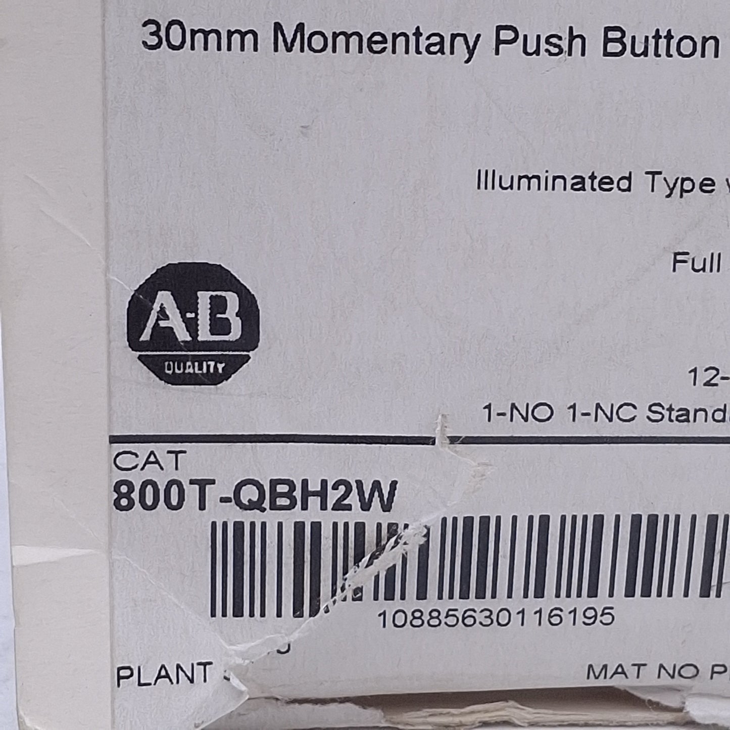 New Allen Bradley 800T-QBH2W White Illuminated Momentary Push Button, ø30mm, 1NO/1NC