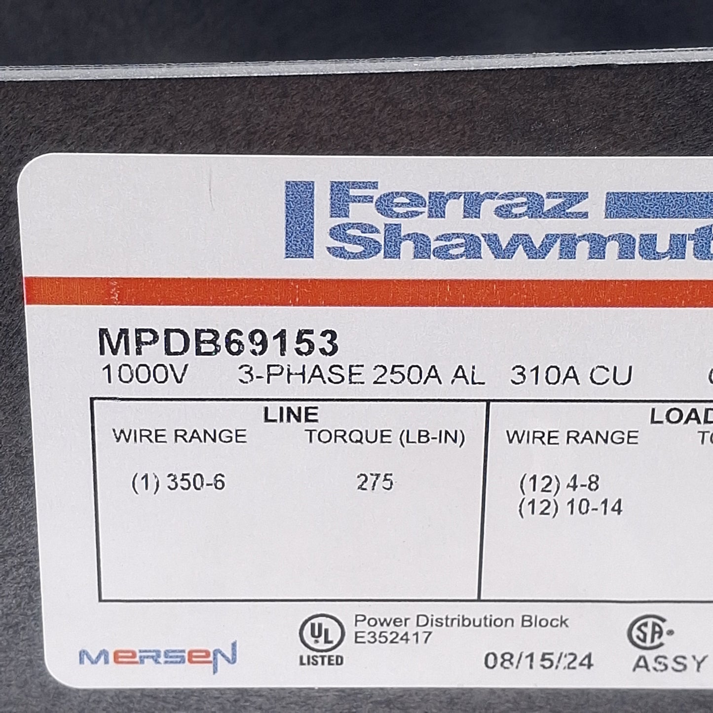 New – Open box Ferraz Shawmut MPDB69153 Power Distribution Block 3-Pole 250A 1000V, 1-In/12-Out