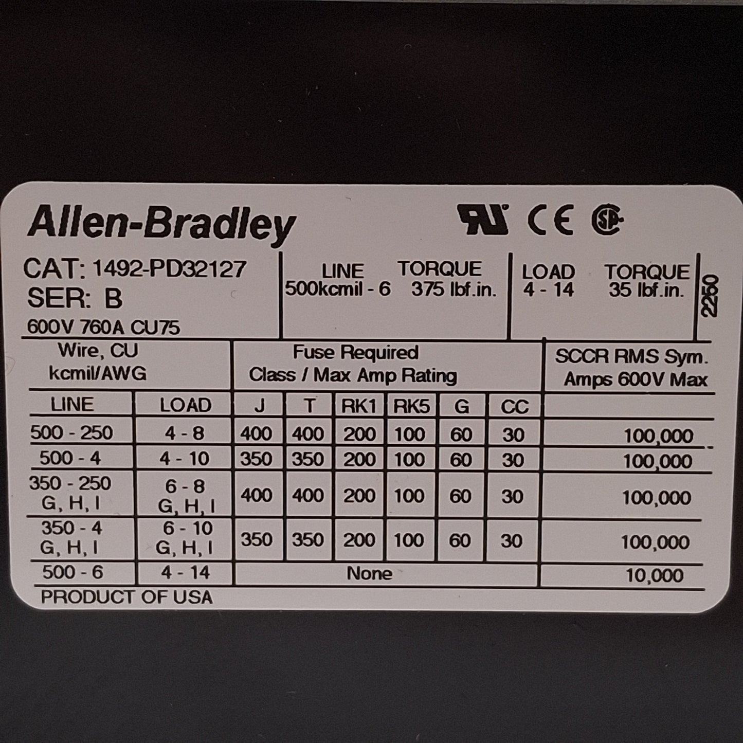 Used Allen Bradley 1492-PD32127 Power Distribution Block, 3-Pole, 600VAC/DC 760A