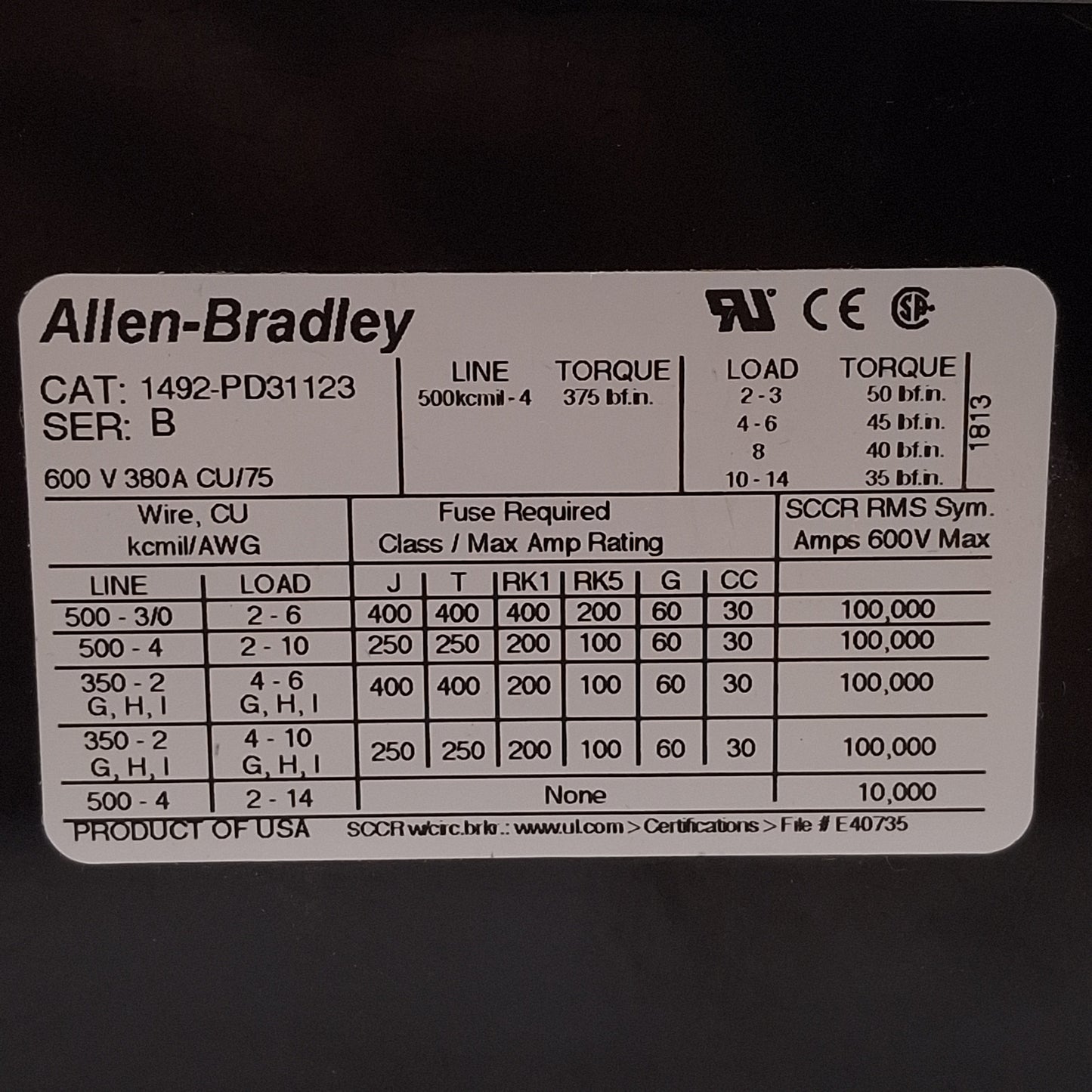 Used Allen Bradley 1492-PD31123 Power Distribution Block, 3-Pole, 600VAC/DC 380A