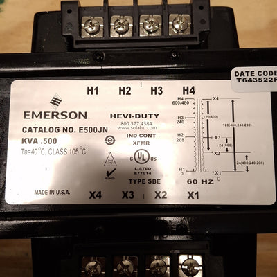 New Emerson E500JN SolaHD Hevi-Duty Transformer, 500VA, 208-600V Pri, 24/120V Sec