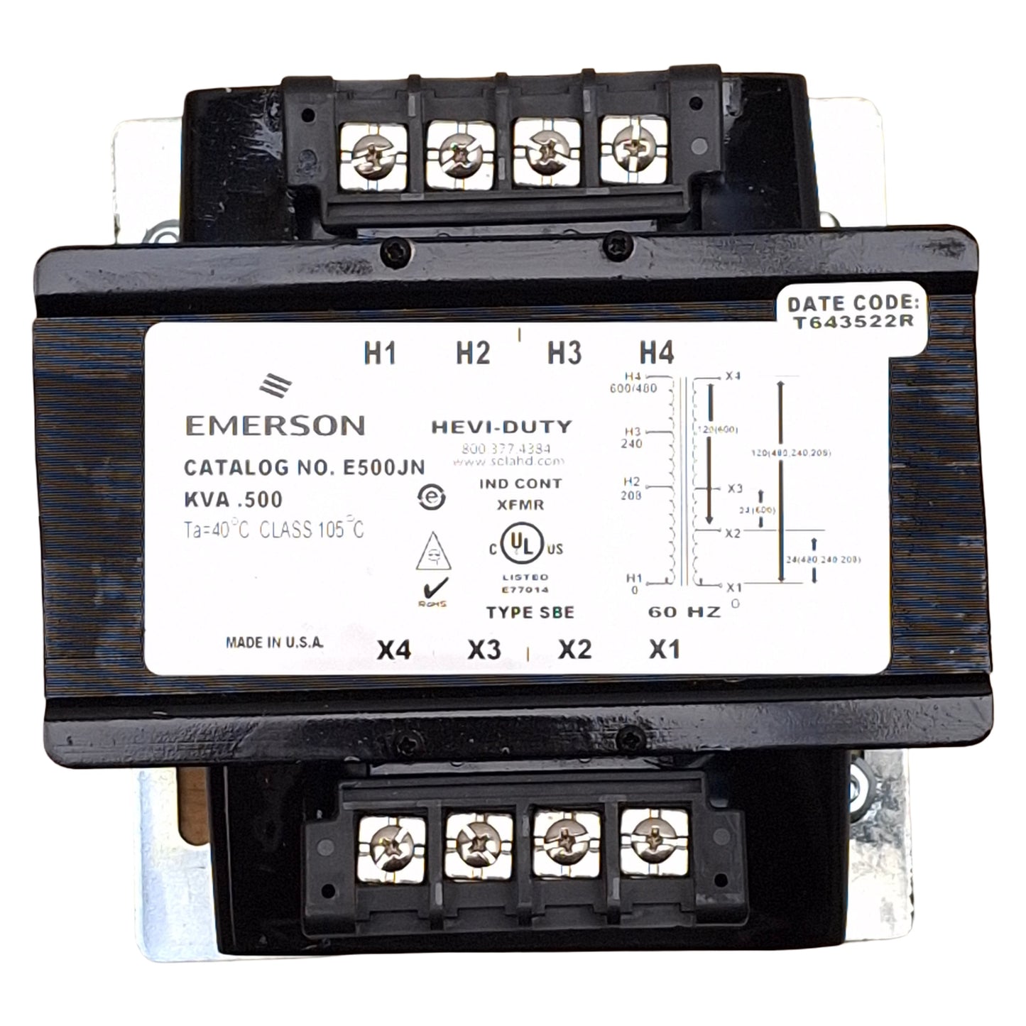 New Emerson E500JN SolaHD Hevi-Duty Transformer, 500VA, 208-600V Pri, 24/120V Sec