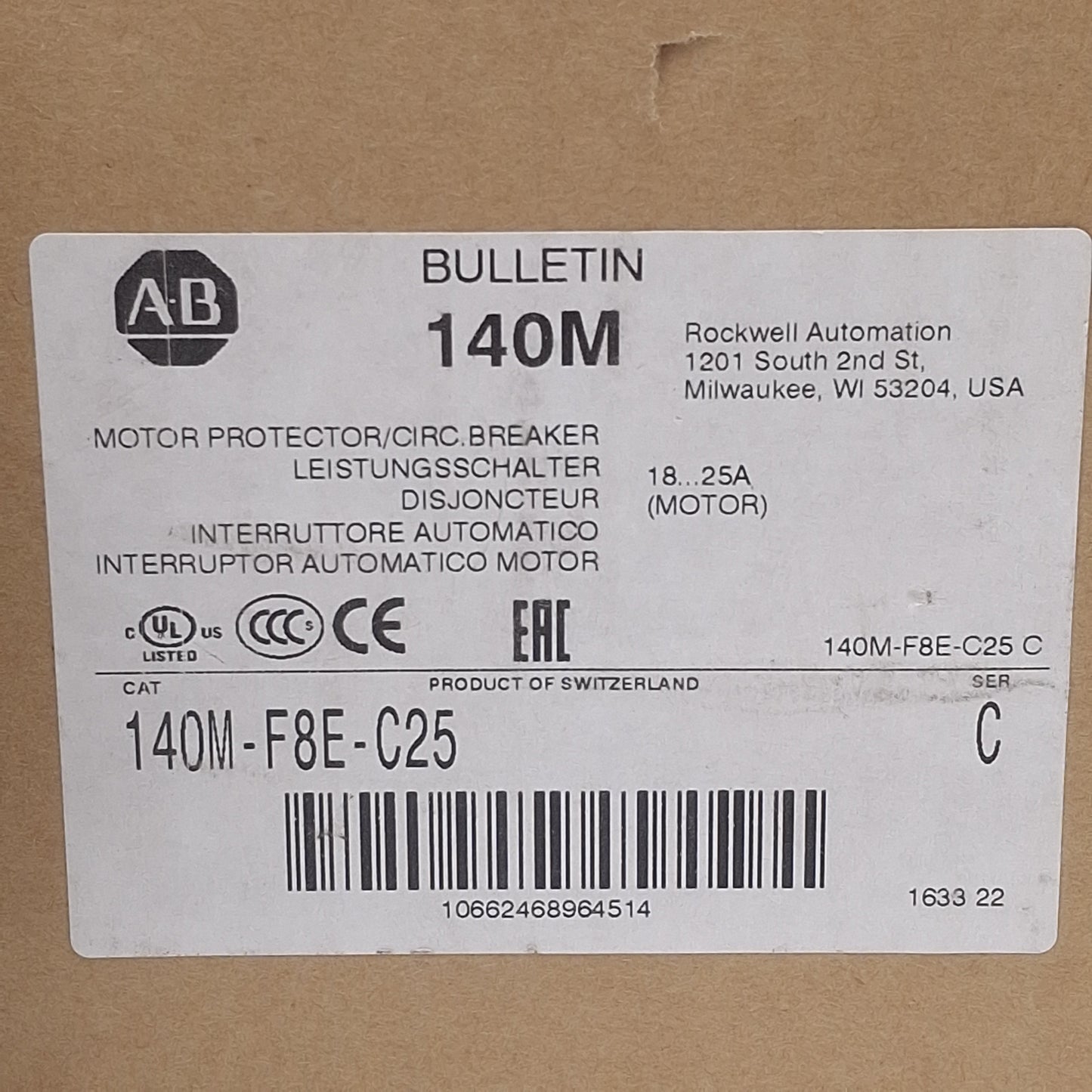 New Allen Bradley 140M-F8E-C25 Motor Protection Circuit Breaker, 18-25A 600VAC