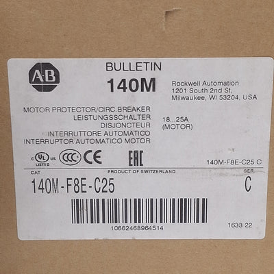 New Allen Bradley 140M-F8E-C25 Motor Protection Circuit Breaker, 18-25A 600VAC