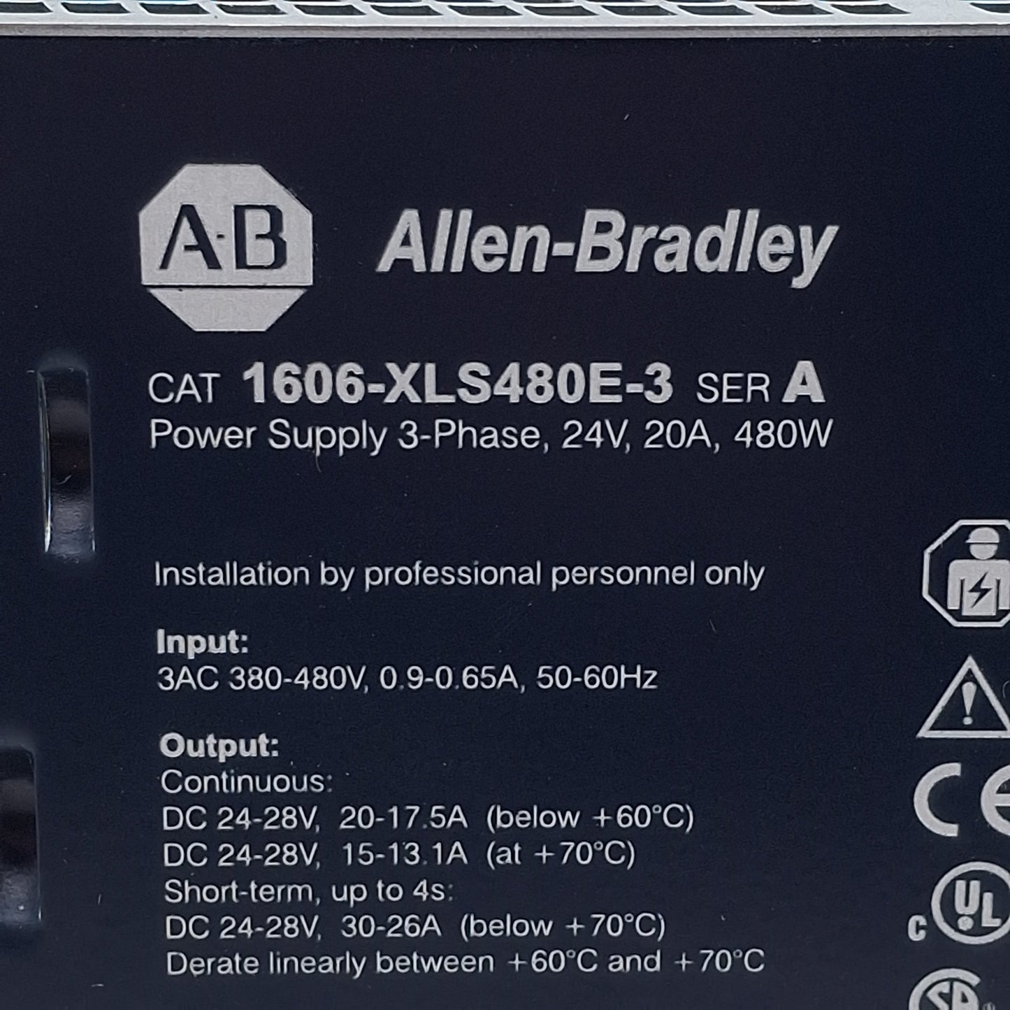 New – Open box Allen Bradley 1606-XLS480E-3 PLC Power Supply, 3Ø 380/480VAC In, 24VDC Out 480W