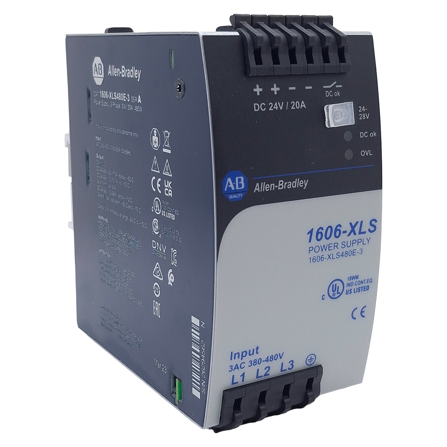 New – Open box Allen Bradley 1606-XLS480E-3 PLC Power Supply, 3Ø 380/480VAC In, 24VDC Out 480W