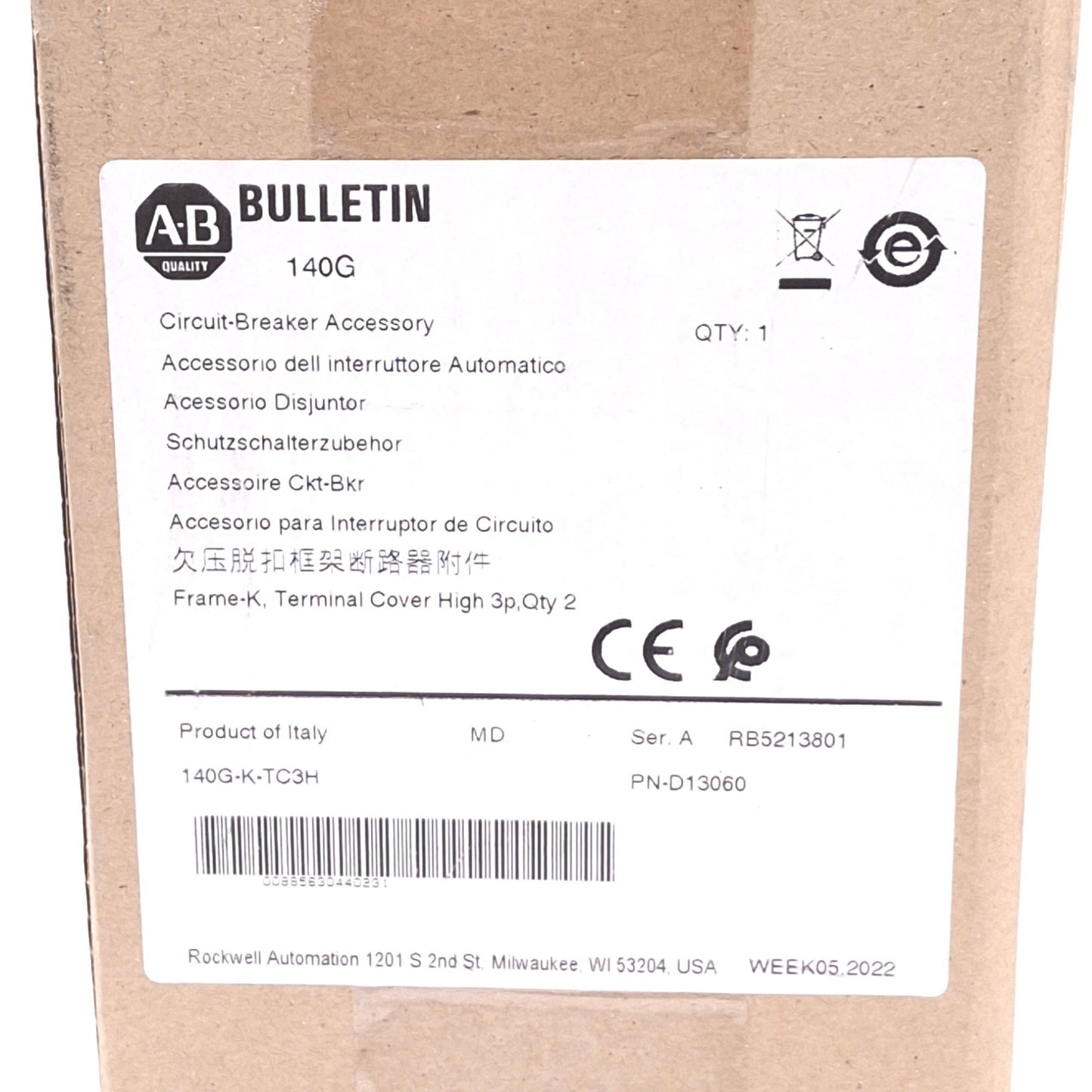 New Allen Bradley 140G-K-TC3H Circuit Breaker Accessory, 3-Pole Terminal Covers 2x