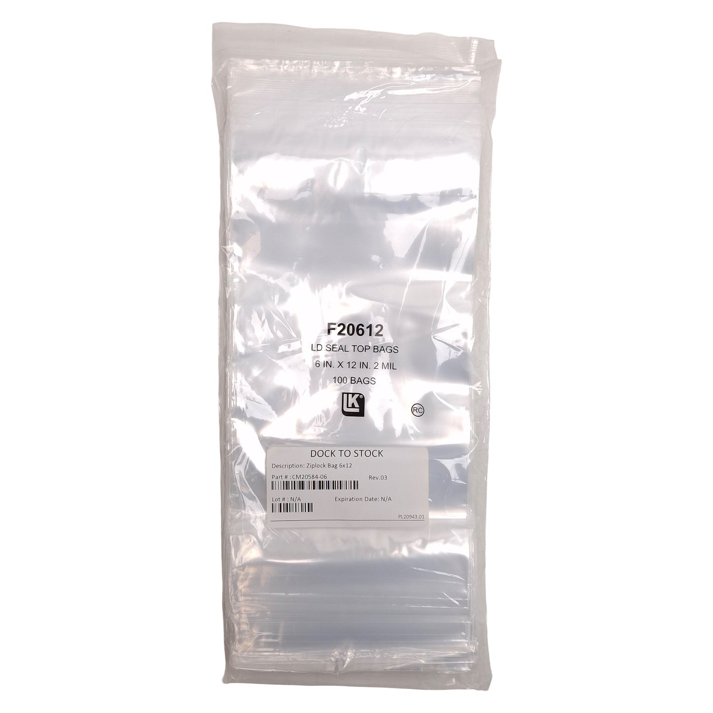 New Box of 1000 Elkay Plastics F20612 LD Poly Seal-Top Bags, 6in x 12in, 2mil