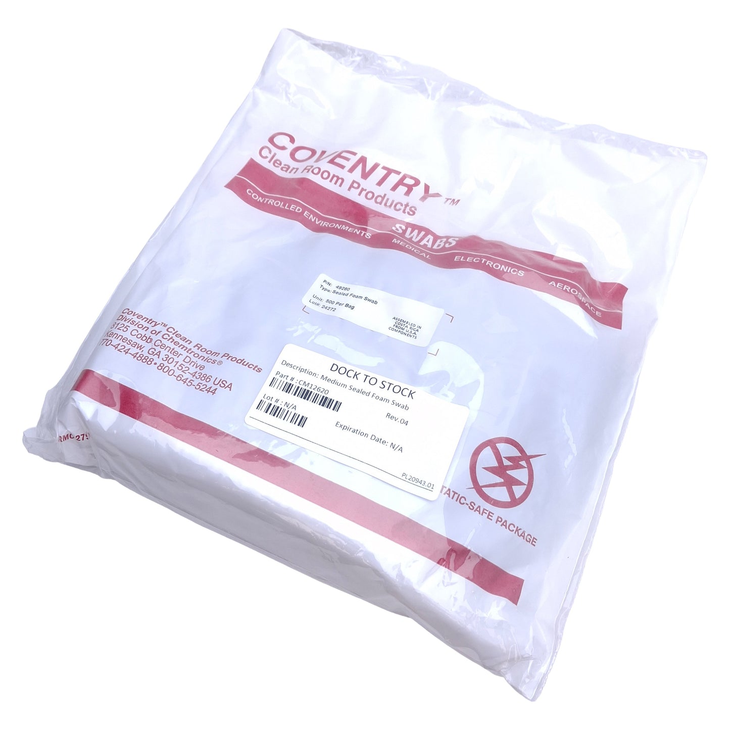 New Coventry 49280 Cleanroom Swab, Polypropylene Tip, 500 Per Pack, 6.5in Length