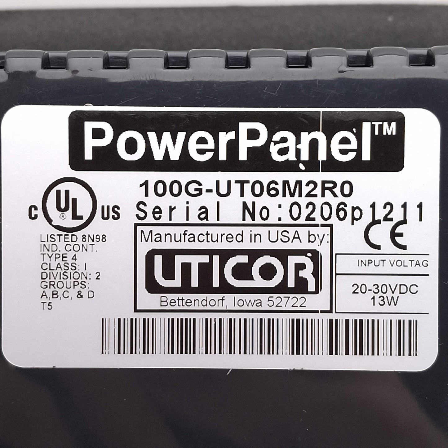 Used Uticor 100G-UT06M2R0 Monochrome G2 PowerPanel Touchscreen HMI, 6in Display 24VDC