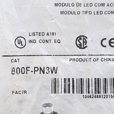 New Allen Bradley 800F-PN3W Pushbutton LED Module White, 24VAC/DC, 22mm, Latch Mount