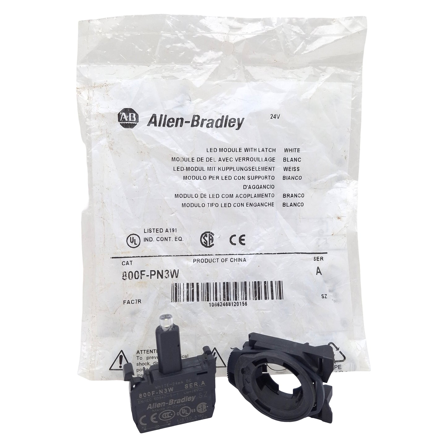 New Allen Bradley 800F-PN3W Pushbutton LED Module White, 24VAC/DC, 22mm, Latch Mount