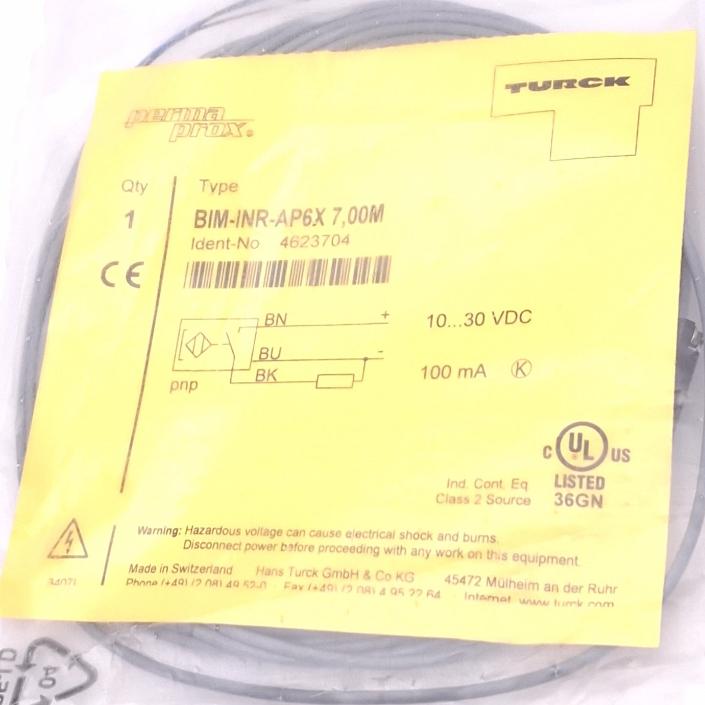 New Turck 4623704 BIM-INR-AP6X 7M PermaProx Magnetic Switch, 10-30VDC, 3-Wire NO, 7m