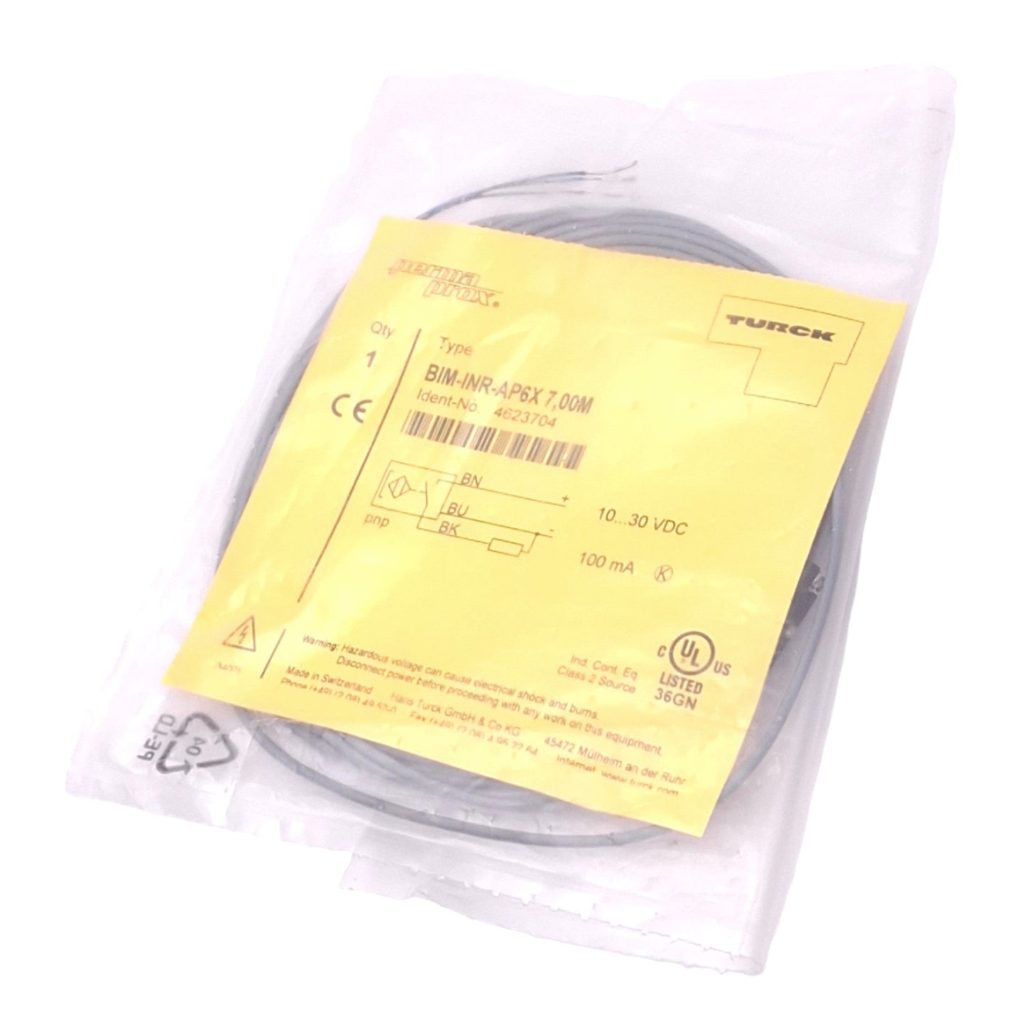 New Turck 4623704 BIM-INR-AP6X 7M PermaProx Magnetic Switch, 10-30VDC, 3-Wire NO, 7m