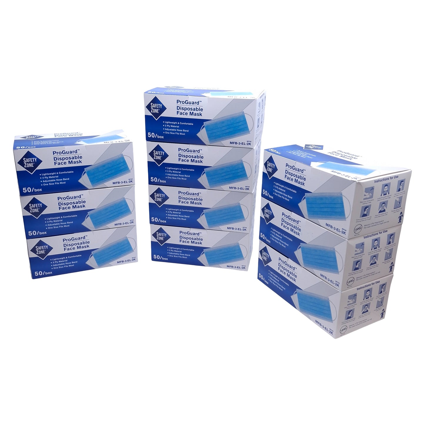 New Lot of 500 Safety Zone MFB-3-EL-2K 3-Ply Face Mask w/Ear Loops, 50 Per Box