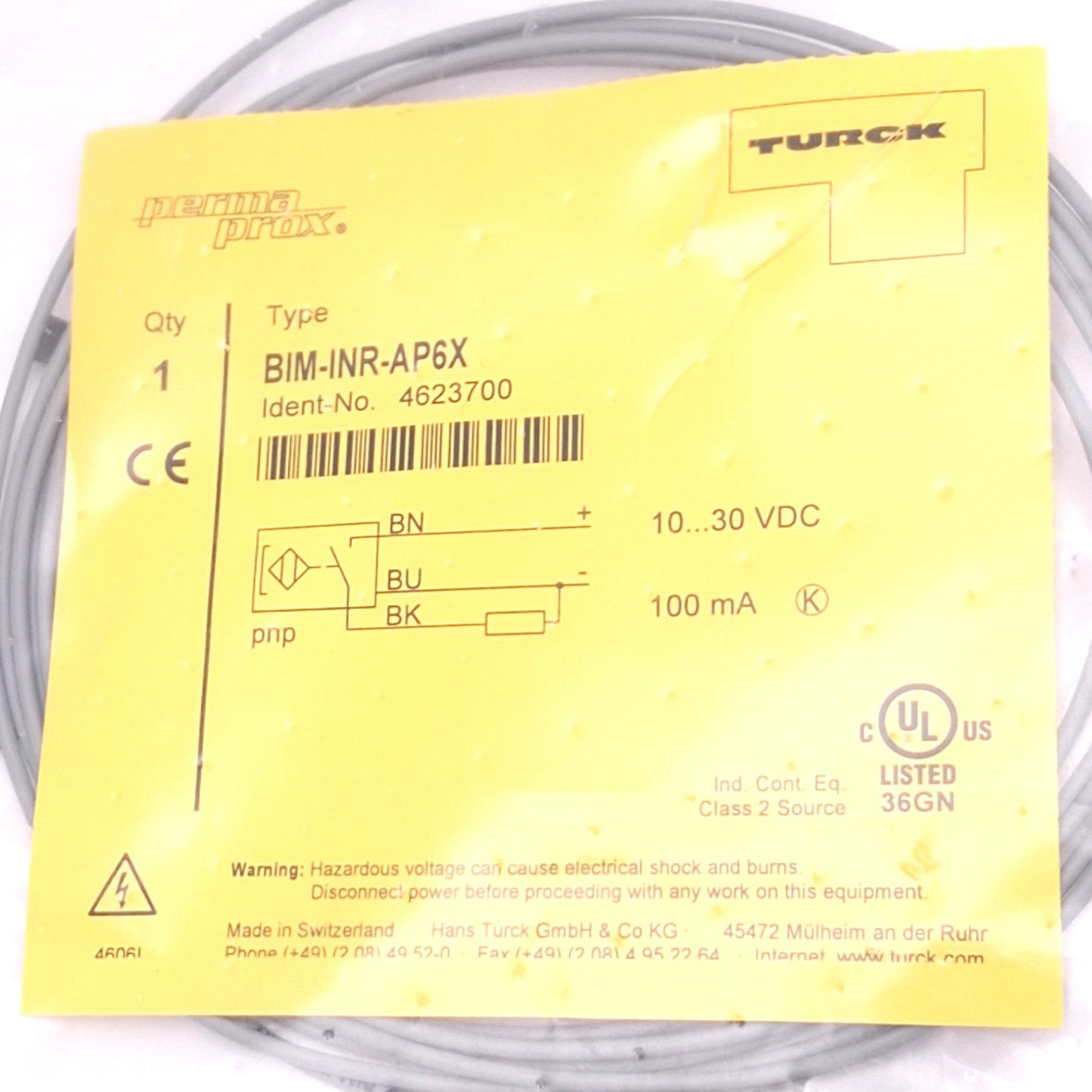 New Turck 4623700 BIM-INR-AP6X PermaProx Magnetic Switch, 10-30VDC, 3-Wire NO, 2m