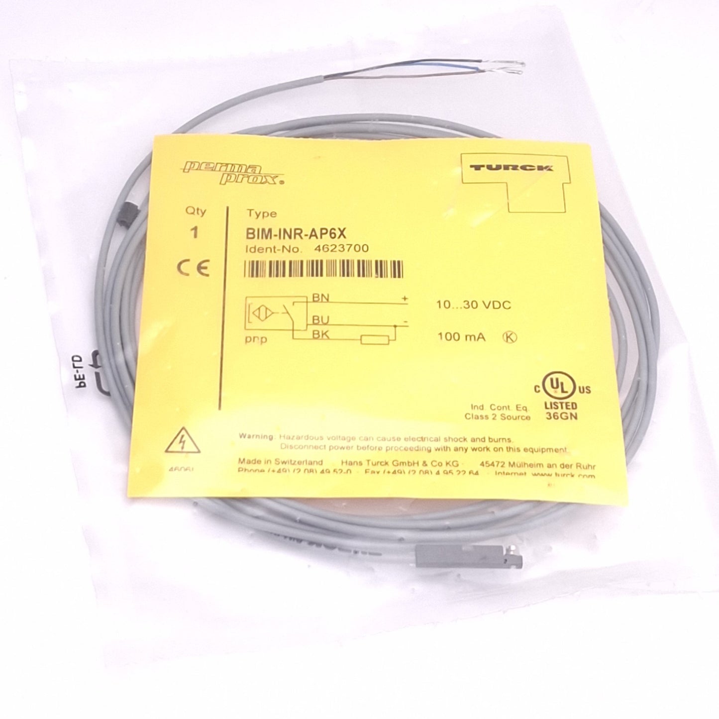 New Turck 4623700 BIM-INR-AP6X PermaProx Magnetic Switch, 10-30VDC, 3-Wire NO, 2m