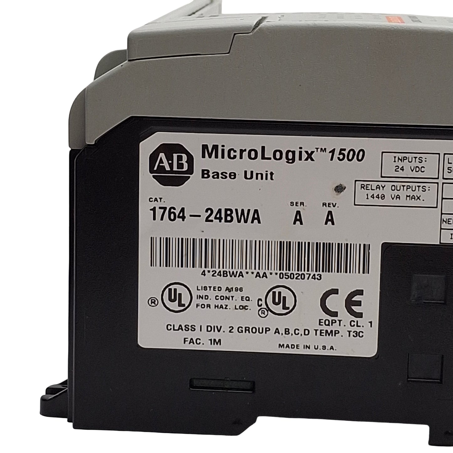 Used Allen Bradley 1764-24BWA Ser A Rev A MicroLogix1500 Base Unit 24x I/O 120/240V