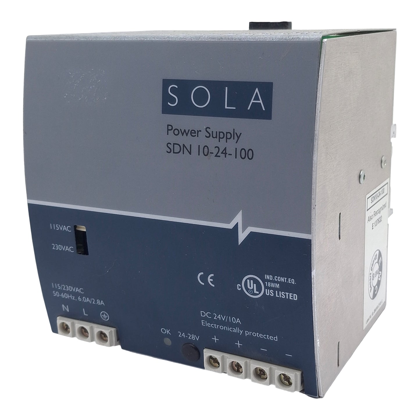 Used Sola SDN10-24-100 Power Supply, 115/230VAC In, 10A 24VDC Out, DIN Rail