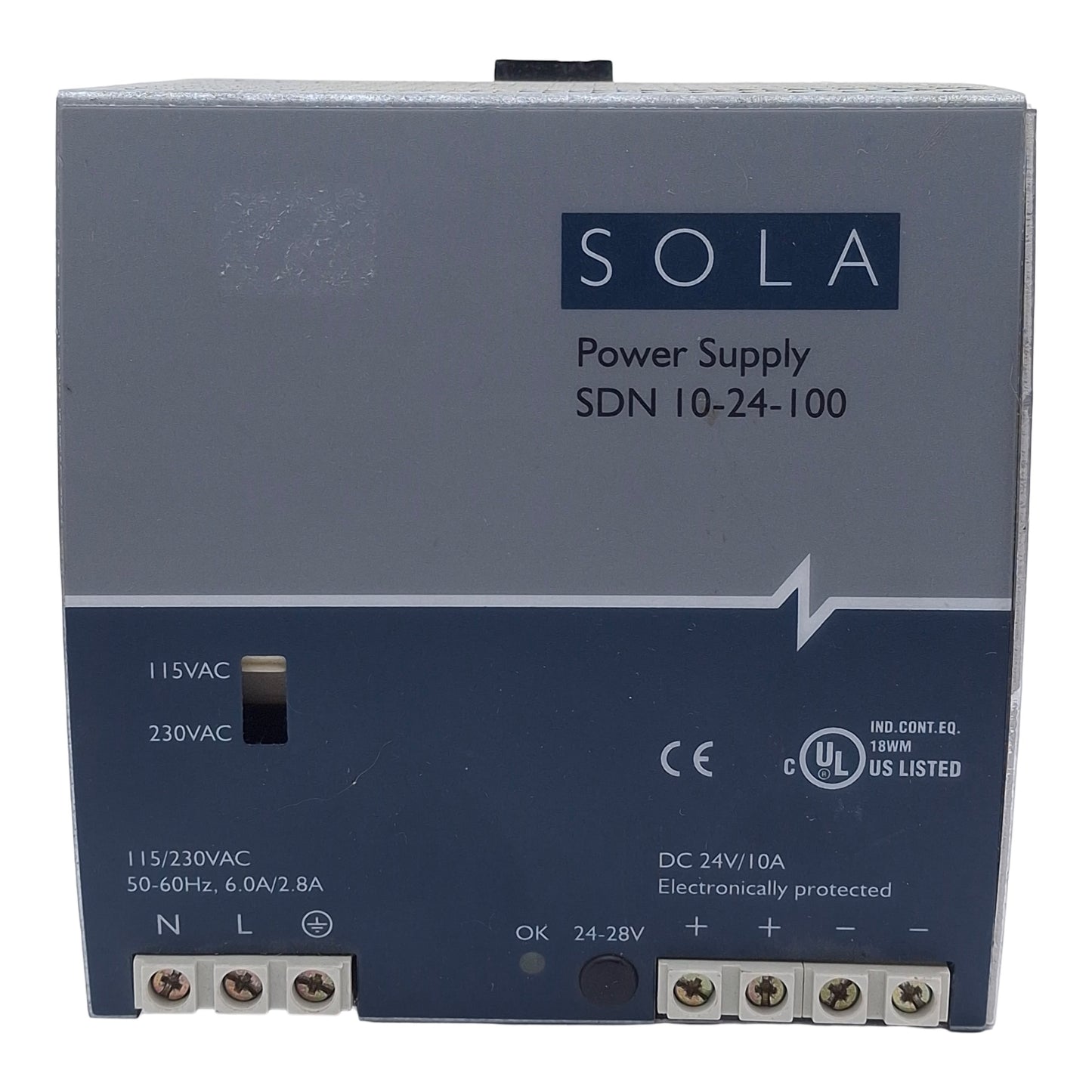 Used Sola SDN10-24-100 Power Supply, 115/230VAC In, 10A 24VDC Out, DIN Rail