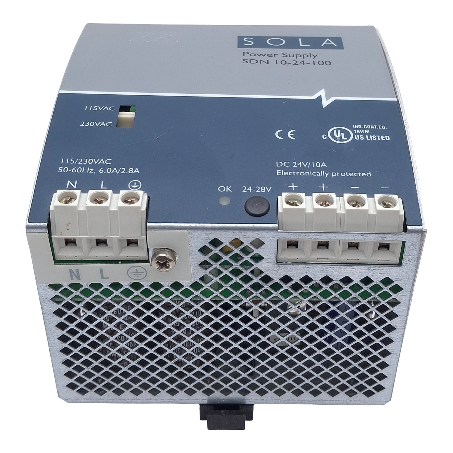 Used Sola SDN10-24-100 Power Supply, 115/230VAC In, 10A 24VDC Out, DIN Rail