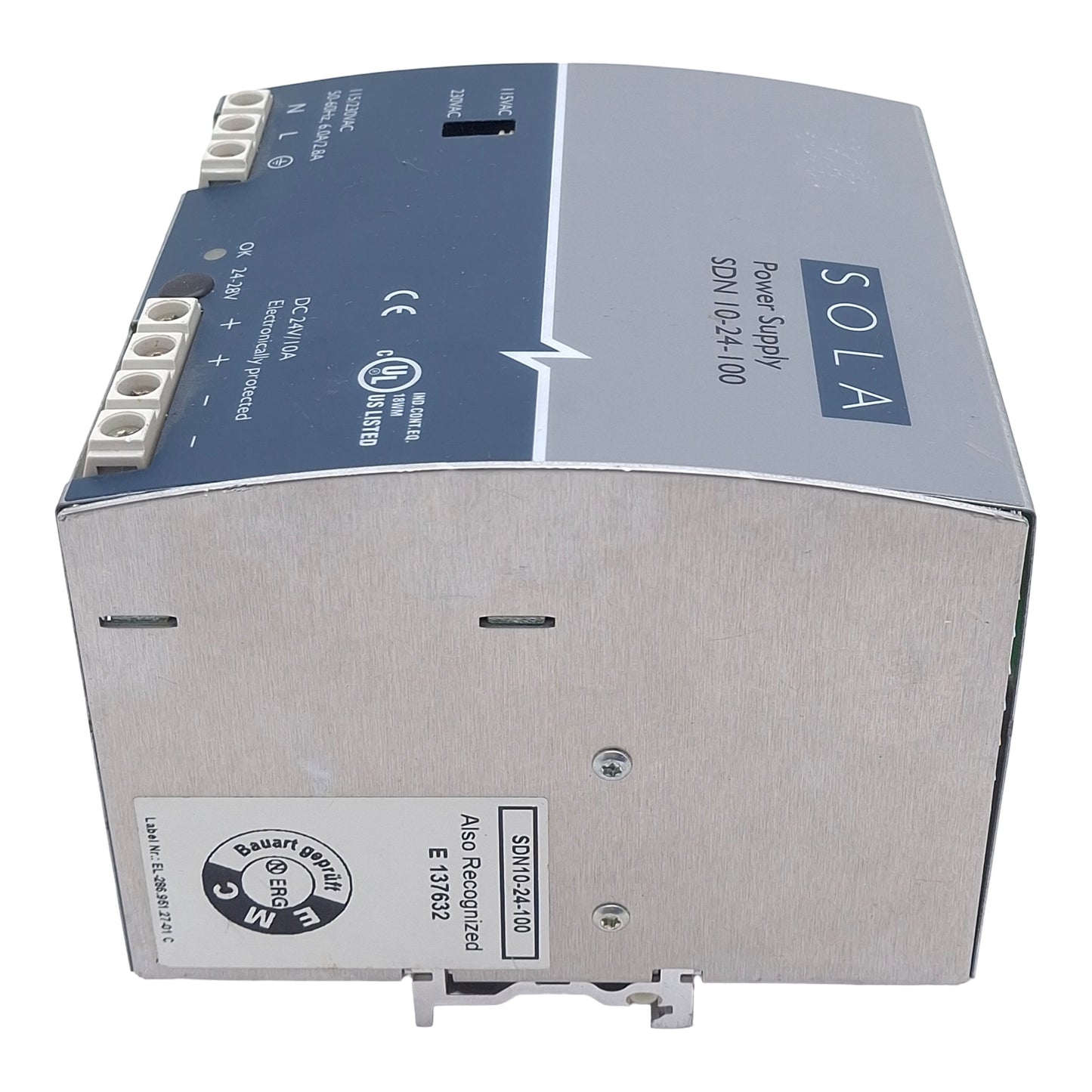 Used Sola SDN10-24-100 Power Supply, 115/230VAC In, 10A 24VDC Out, DIN Rail