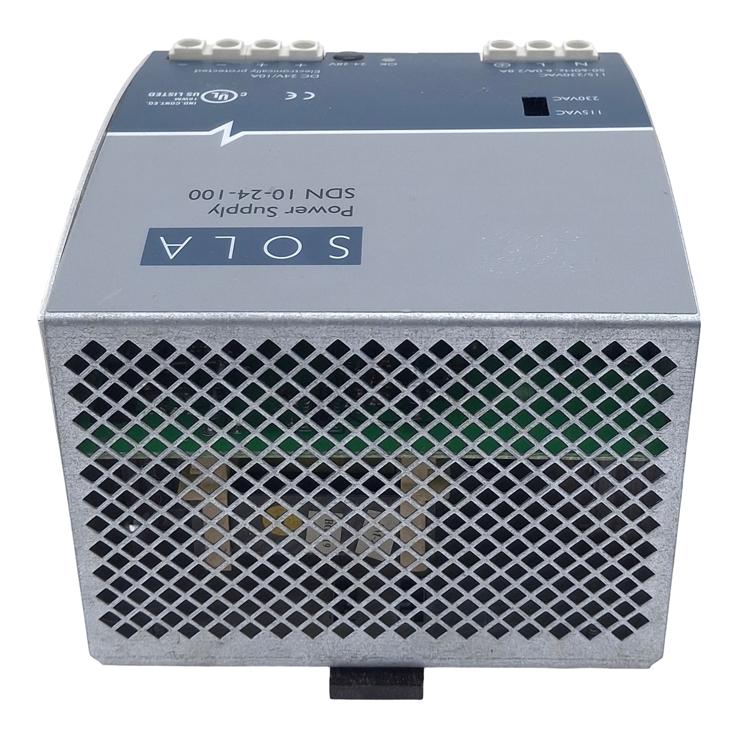 Used Sola SDN10-24-100 Power Supply, 115/230VAC In, 10A 24VDC Out, DIN Rail