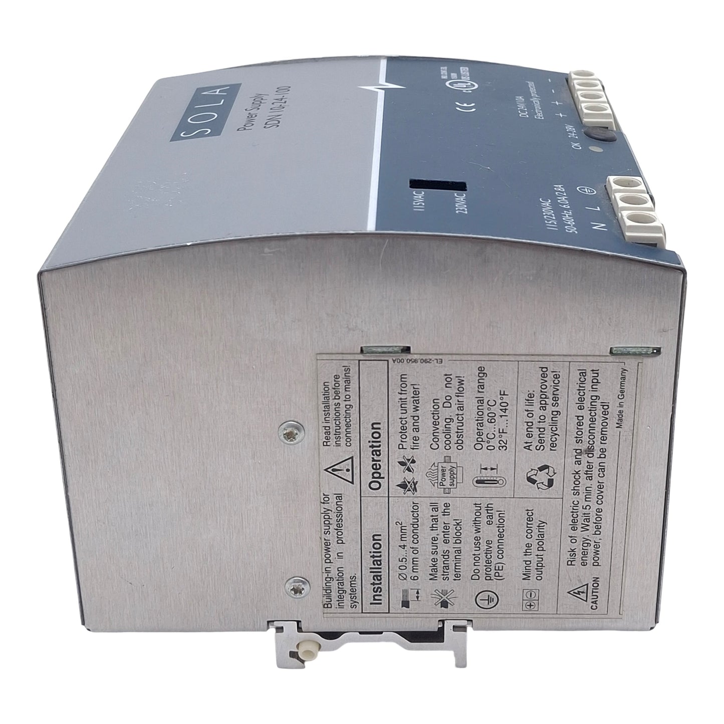 Used Sola SDN10-24-100 Power Supply, 115/230VAC In, 10A 24VDC Out, DIN Rail